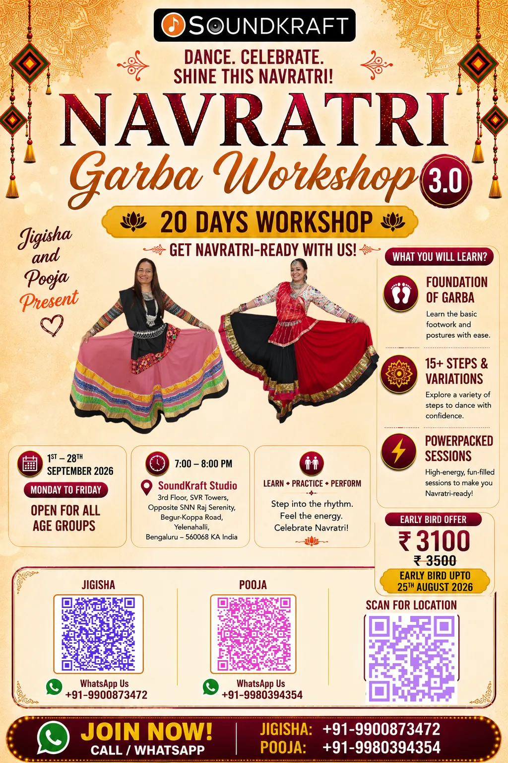 Garba Workshop in Bangalore 2026 full poster showing Jigisha Parikh and Pooja Singh Rawal, 20 Garba classes from 1st to 28th September, 7 PM to 8 PM at SoundKraft Studio Yelenahalli