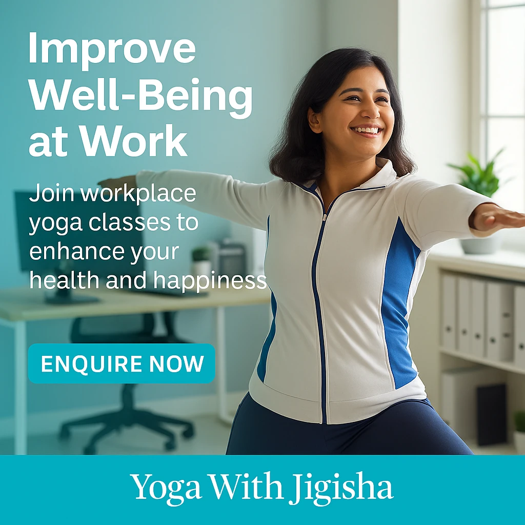 Improve health and wellness at work with group yoga classes by Yoga With Jigisha - available globally online and offline