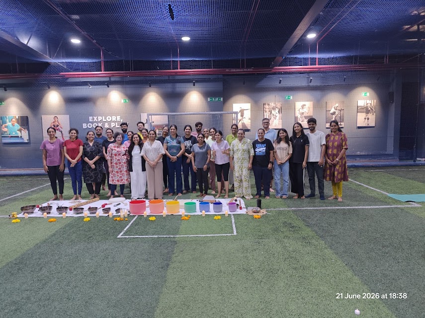 International Day of Yoga 21st June 2026 - Yoga With Jigisha Bangalore - Full group portrait of participants after the Immersive Yoga, Deep Relaxation and Sound Healing session at Decathlon Bannerghatta