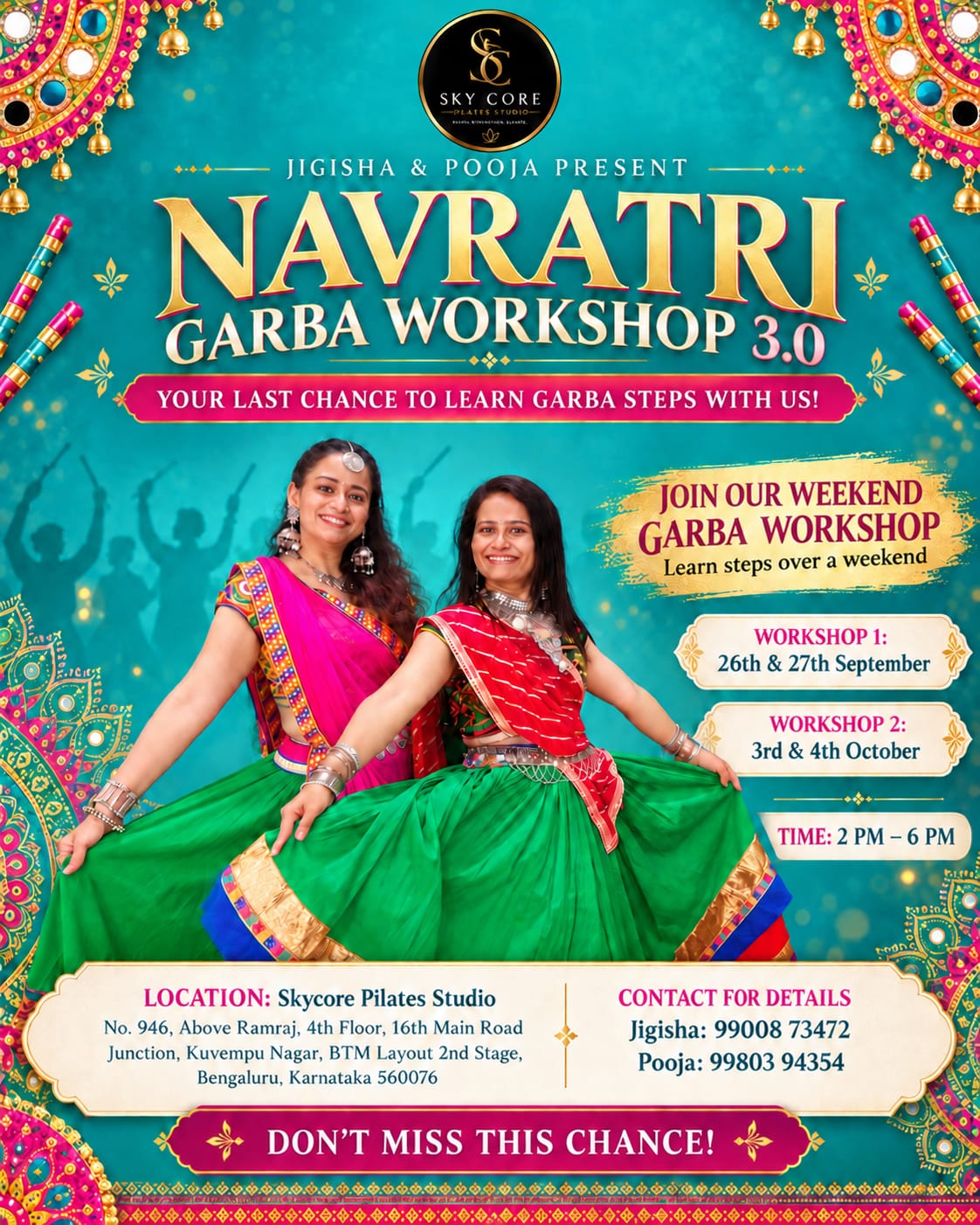 Navratri Garba Workshop 3.0 by Jigisha and Pooja, Weekend Garba Workshop on 26th and 27th September 2026 and 3rd and 4th October 2026, 2 PM to 6 PM, Skycore Pilates Studio, BTM Layout 2nd Stage, Bangalore