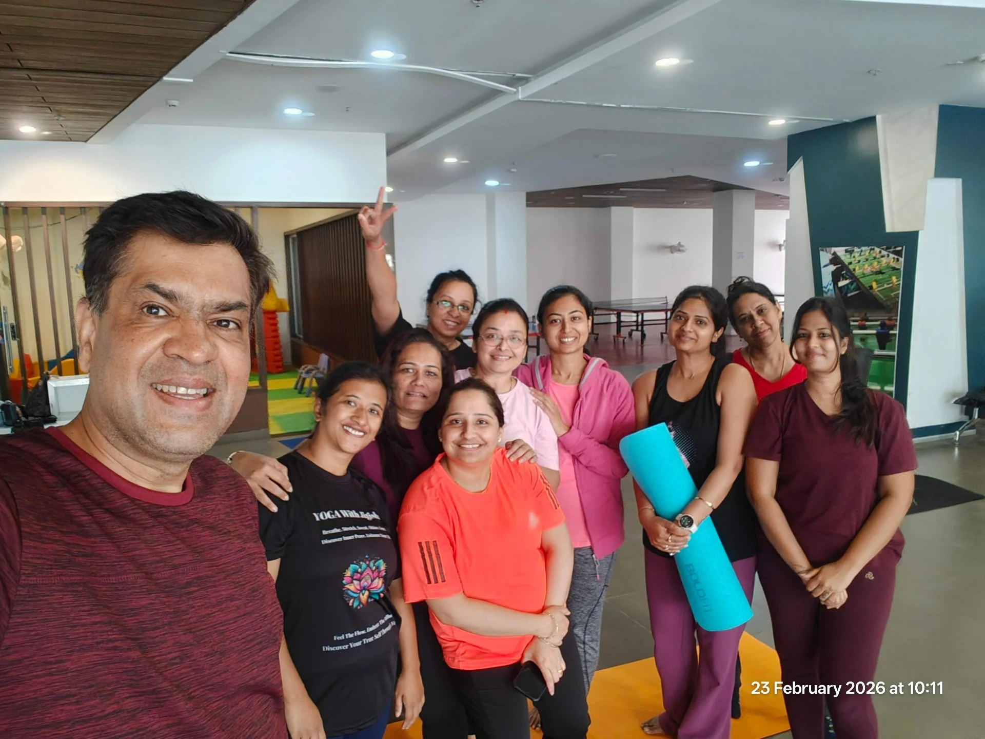 Yoga With Jigisha Offline Yoga Classes - Group selfie with Jigisha and students at studio in Bangalore India February 2026