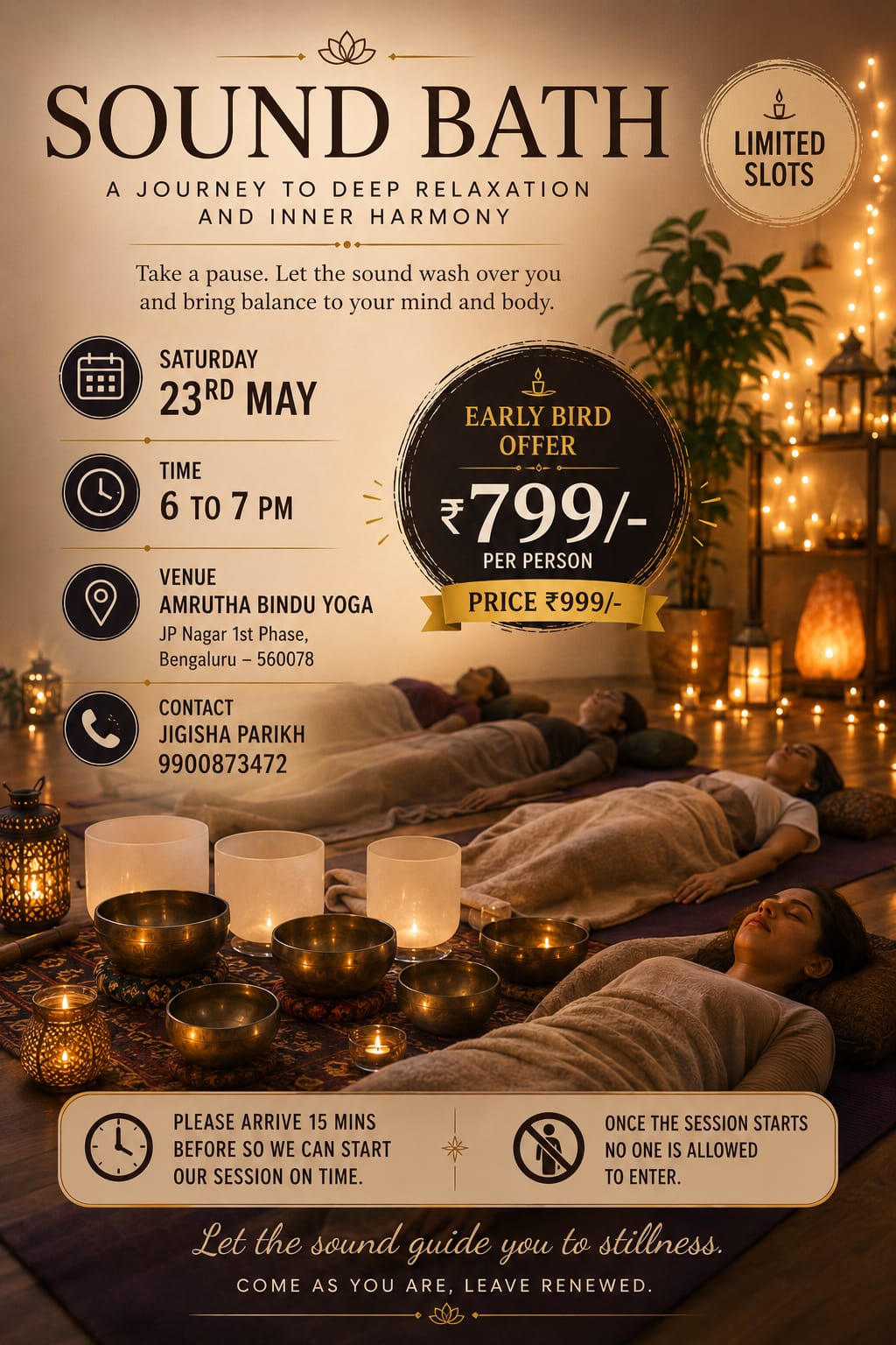 Past Event: Sound Bath, Sound Healing and Chakra Healing at Amrutha Bindu Yoga JP Nagar Bangalore on Saturday 23rd May 2026 by Jigisha Parikh of Yoga With Jigisha