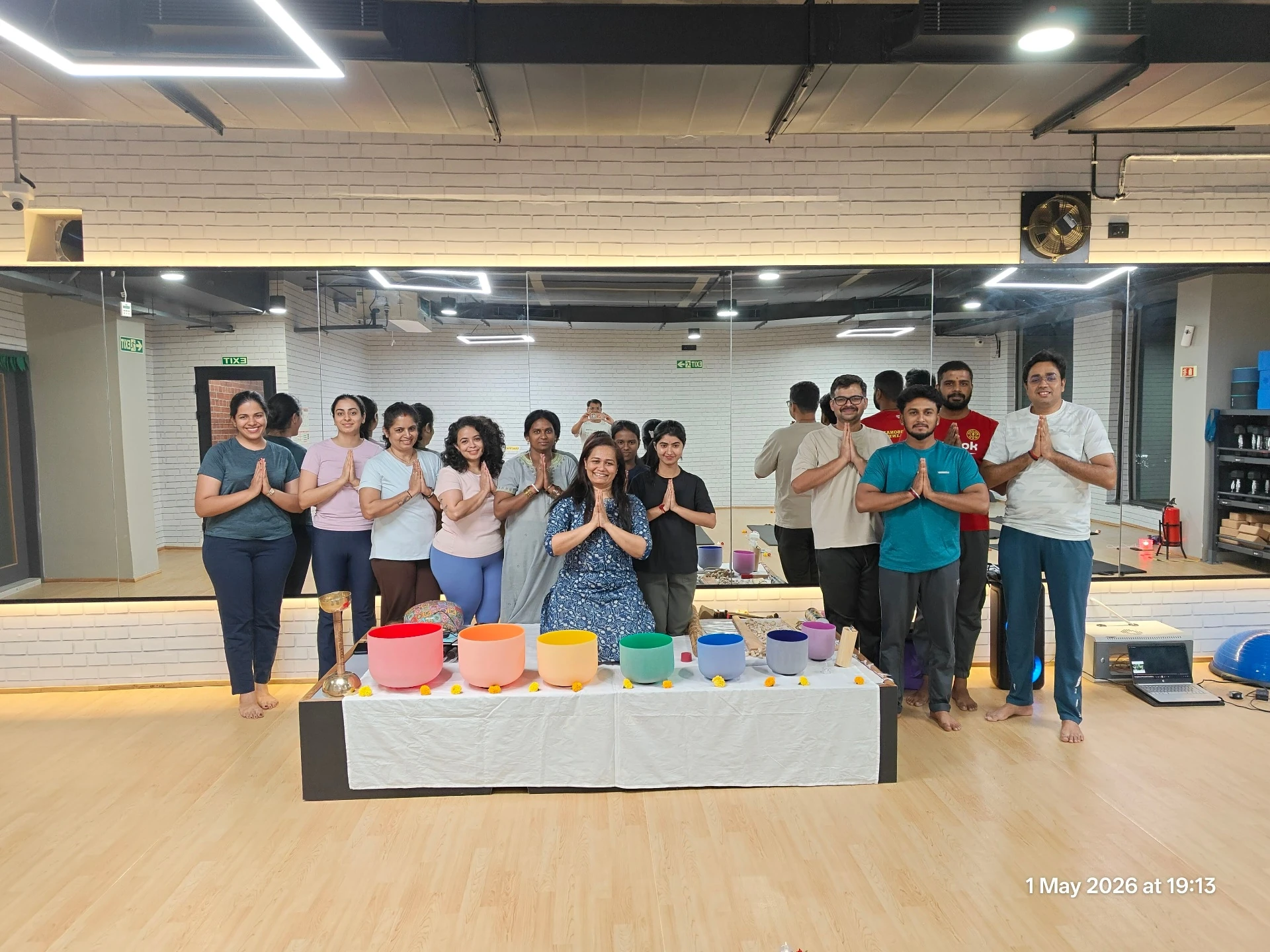 Mother's Day Sound Bath group Namaste with Jigisha Parikh and members at Gold's Gym Yelenahalli Bangalore May 2026 Yoga With Jigisha
