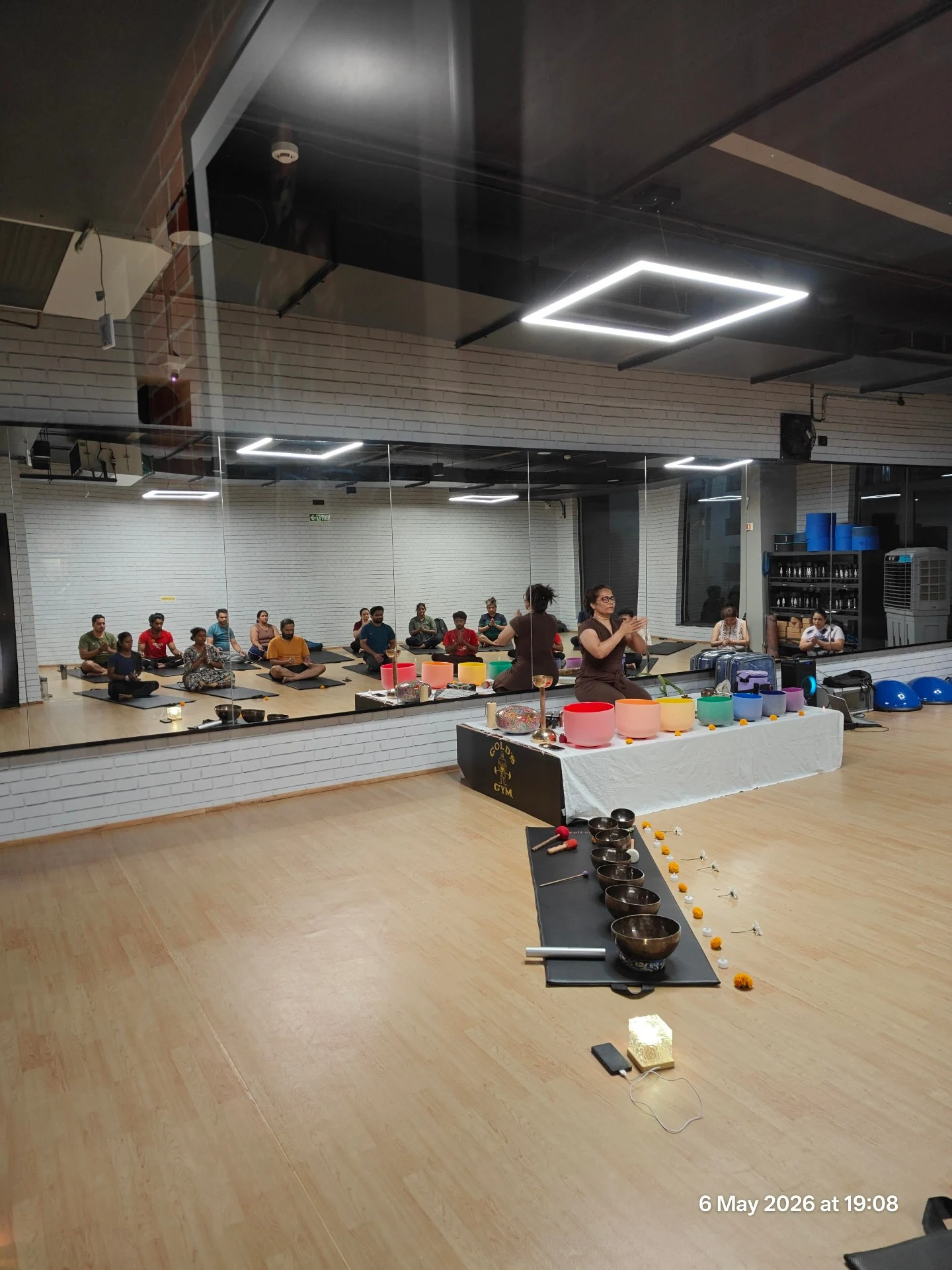 Large Sound Healing Group Session at Gold's Gym Yelenahalli with Crystal Bowls and Full Moon Metal Singing Bowls at Yoga With Jigisha Bangalore