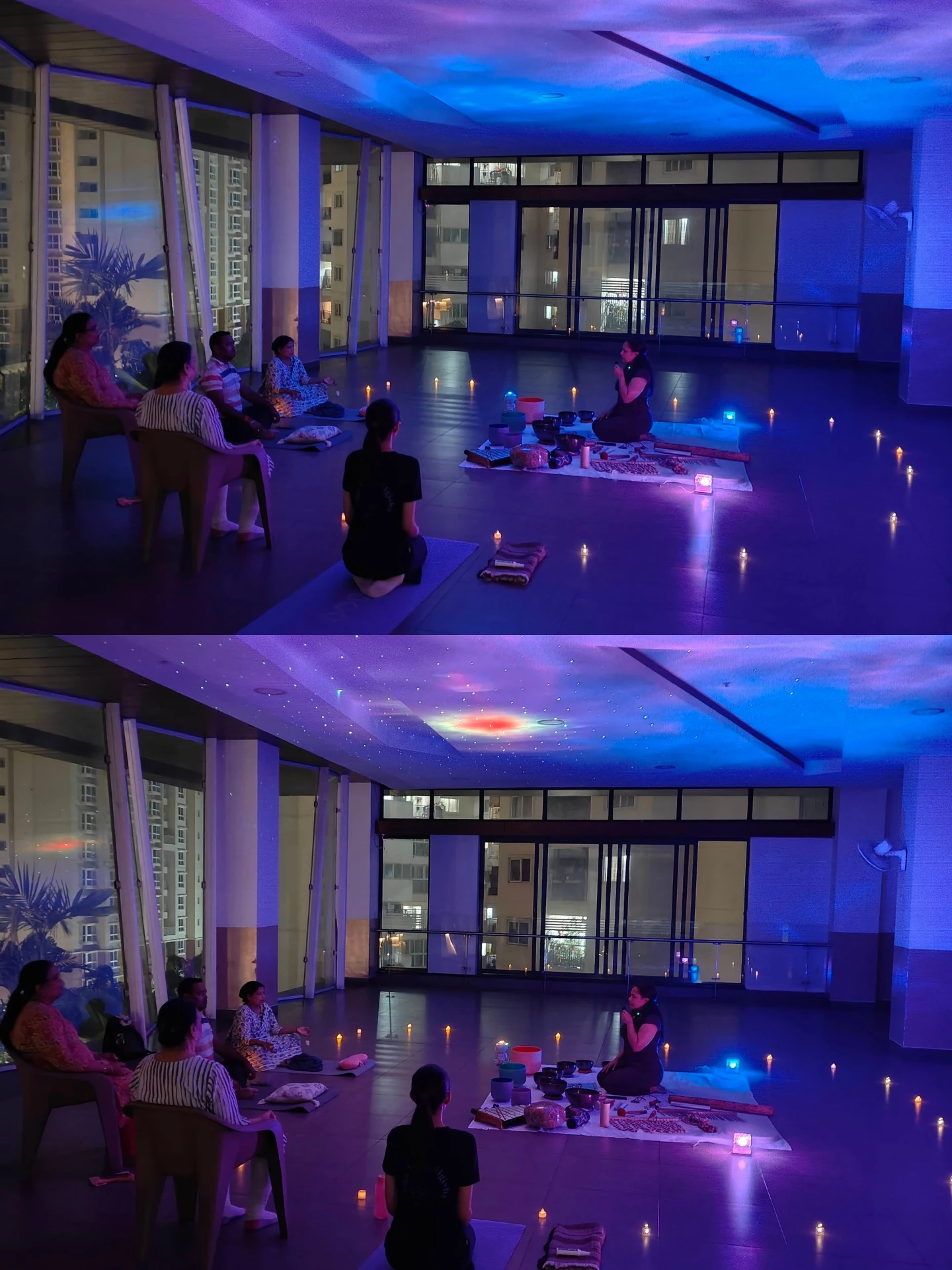 Candlelit evening Sound Healing session at Sky Lounge with starry ceiling and Full Moon Metal Singing Bowls at Yoga With Jigisha Bangalore