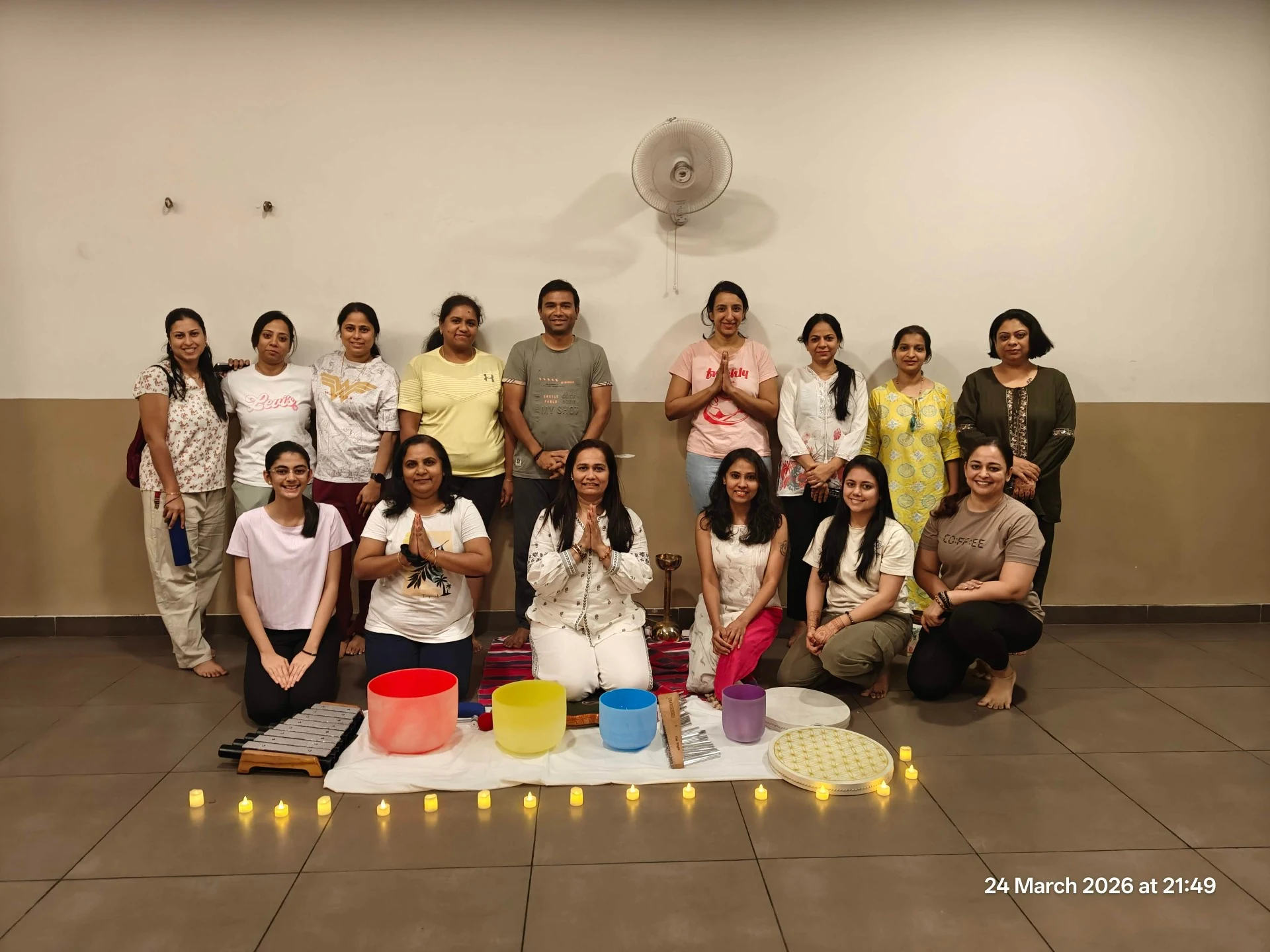 Women's group Sound Healing session with Crystal Bowls Wind Chimes and candles at Yoga With Jigisha Bangalore